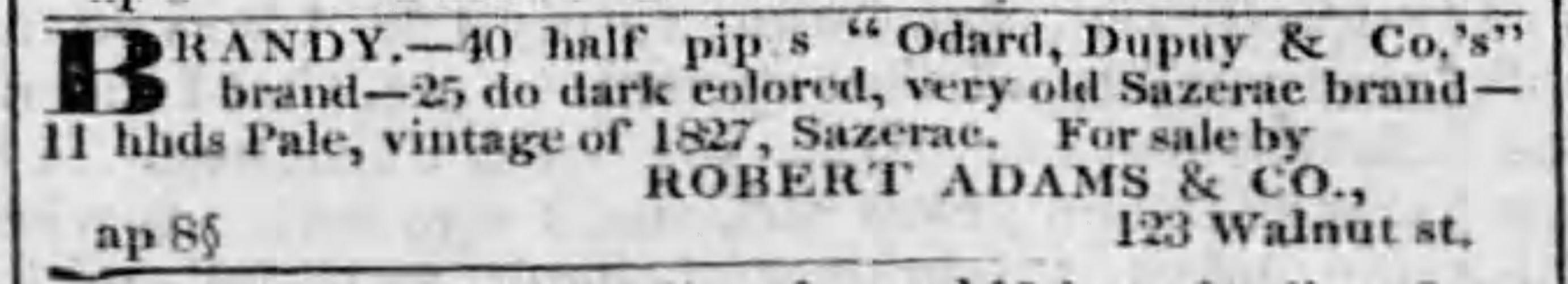 An image of a newspaper ad about Sazerac brandy from 1839